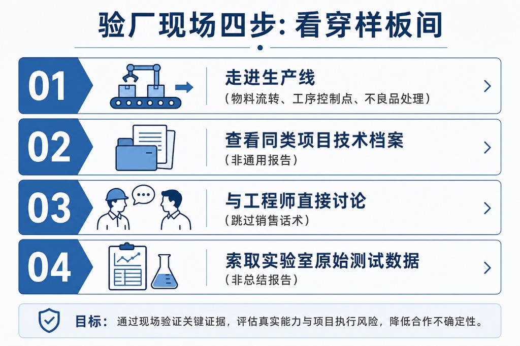 验厂现场四步清单——走进生产线、查看同类项目档案、与工程师讨论、索取原始测试数据