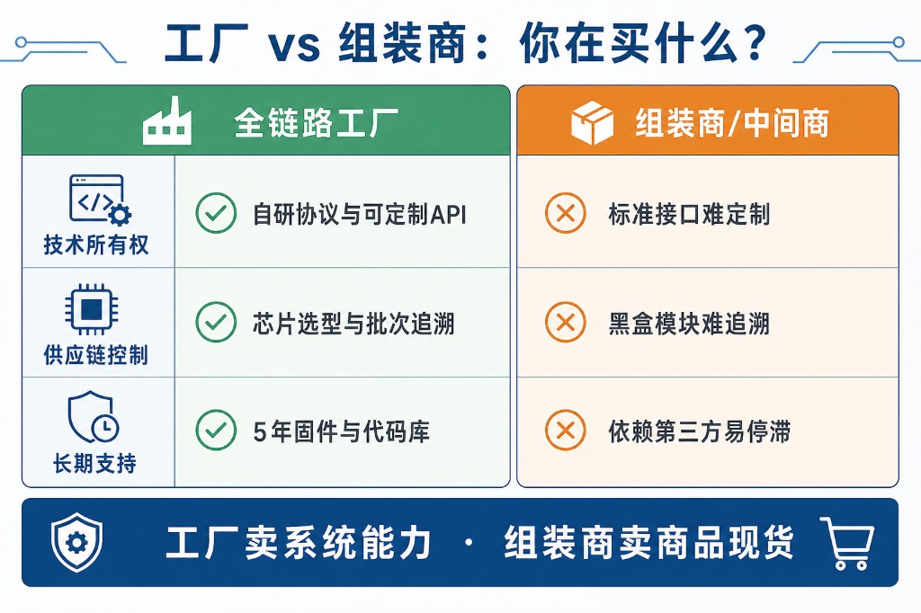 工厂与组装商对比图——技术所有权、供应链控制与长期支持三个维度