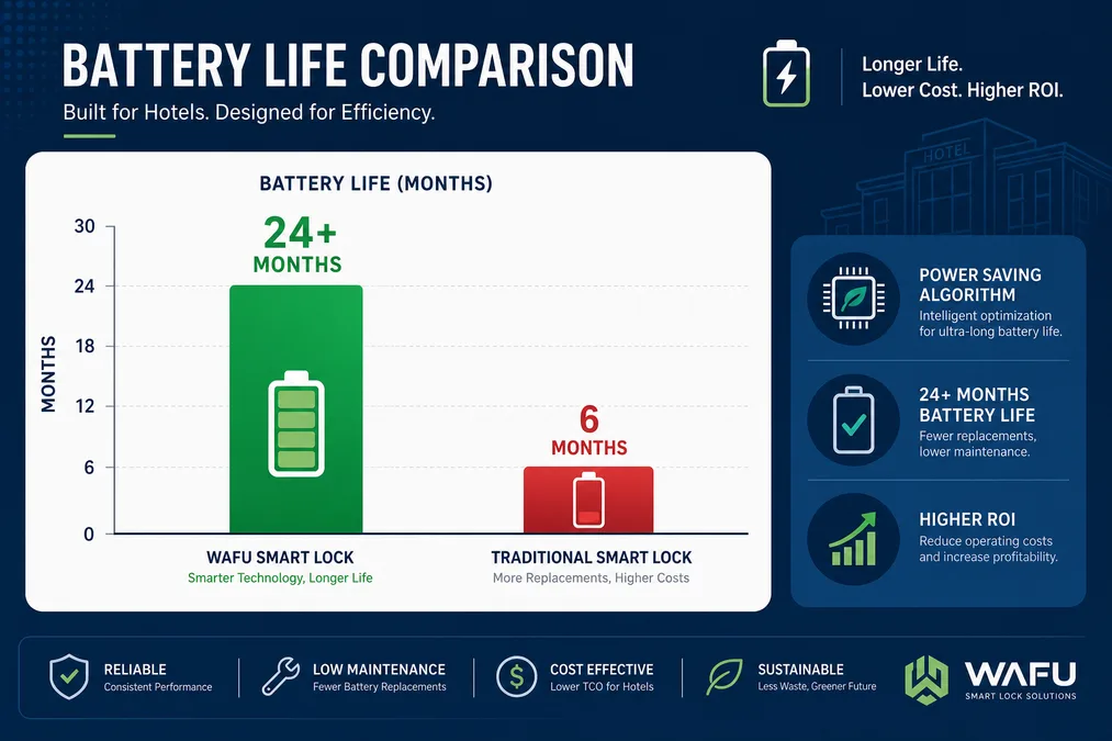 电池续航对比: WAFU 24+ months vs. conventional smart lock solutions