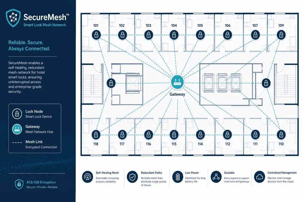 SecureMesh 网络拓扑: hotel floors with self-organizing lock nodes and redundant gateway coverage