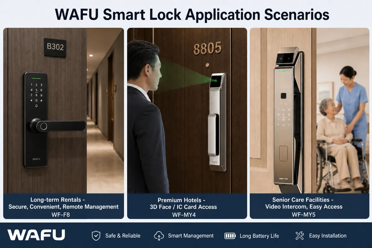 WAFU 智能锁应用场景：WF-F8 长租公寓、WF-MY4 高端酒店、WF-MY5 养老机构