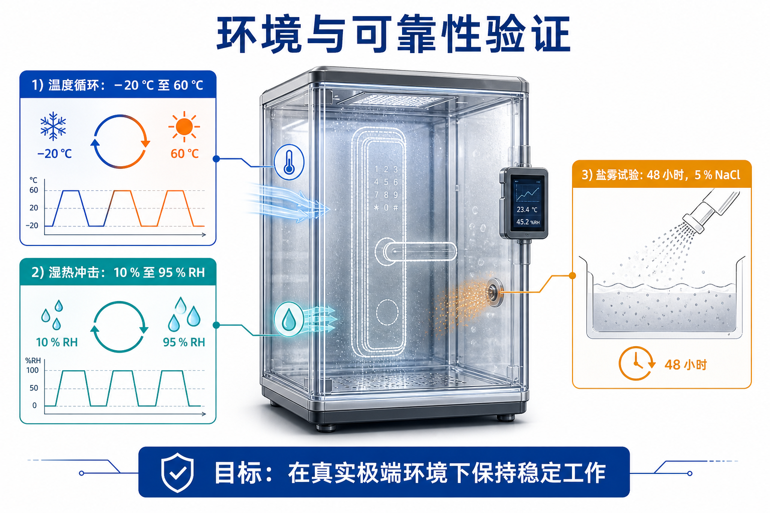 环境可靠性测试示意——盐雾与温湿度冲击
