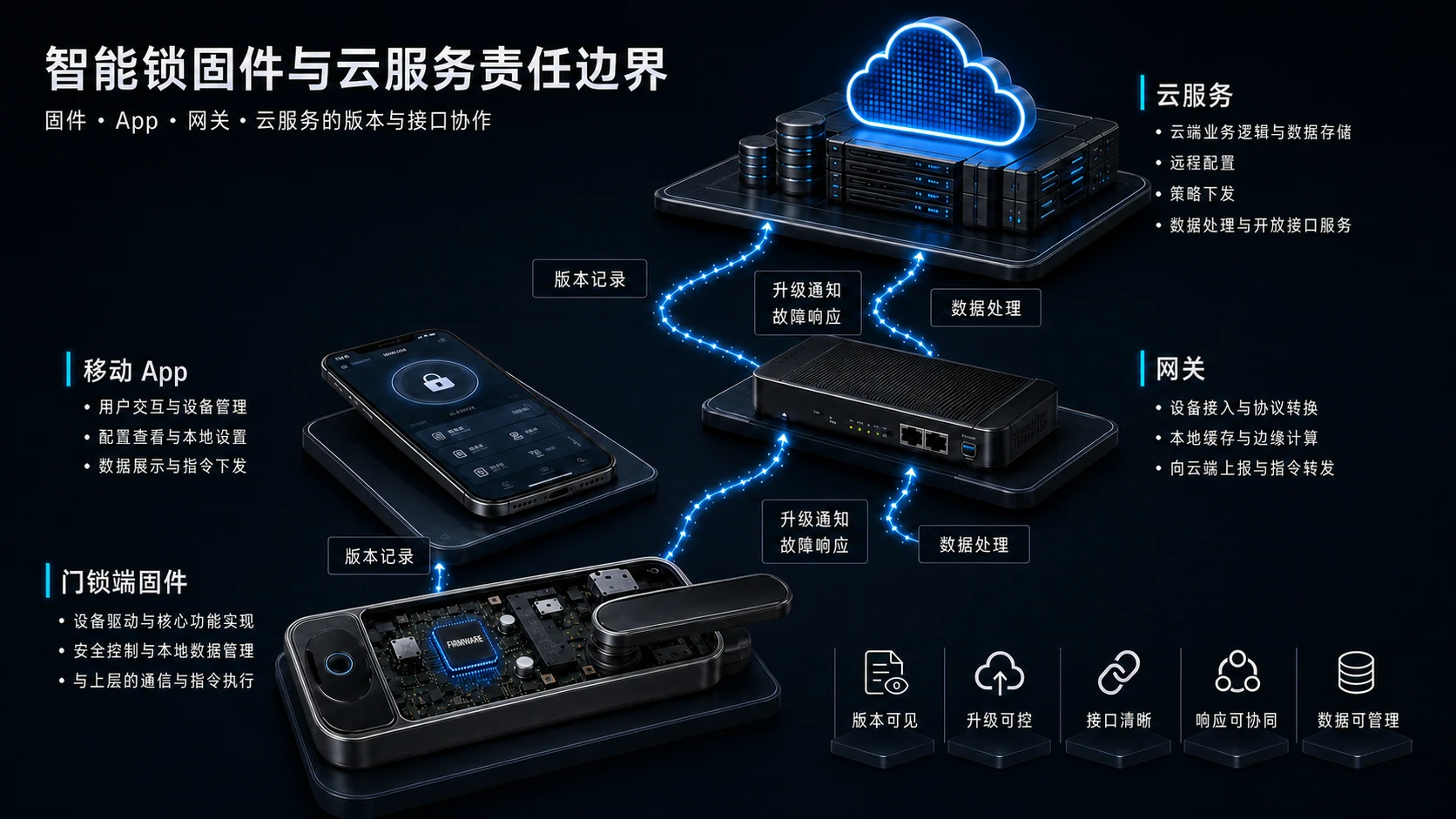 智能锁固件、移动 App、网关和云服务之间的版本与责任边界示意图