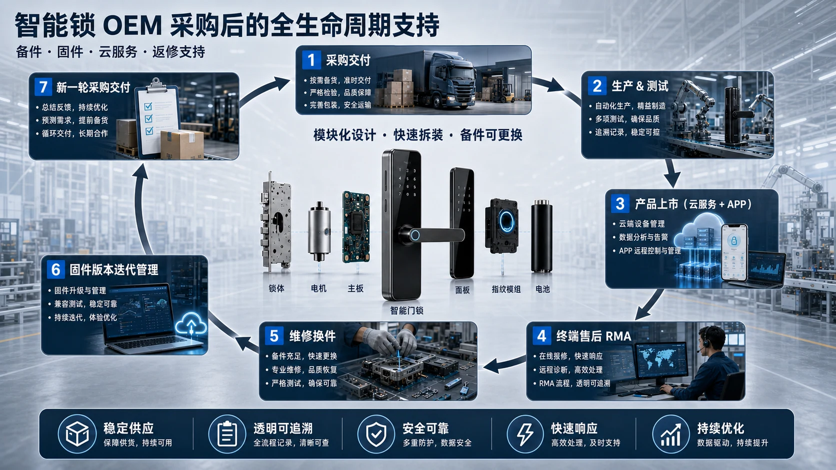 智能锁 OEM 采购后的备件、固件、云服务与返修支持全生命周期示意图