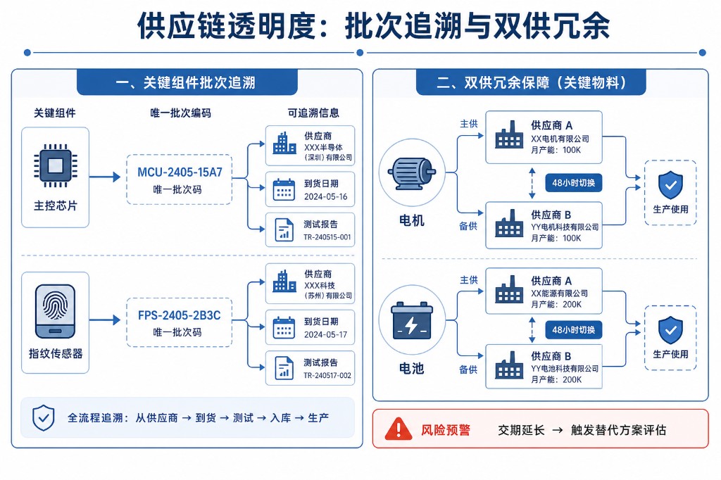 智能锁关键部件、批次、供应链来源与质量记录之间的可追溯关系示意图